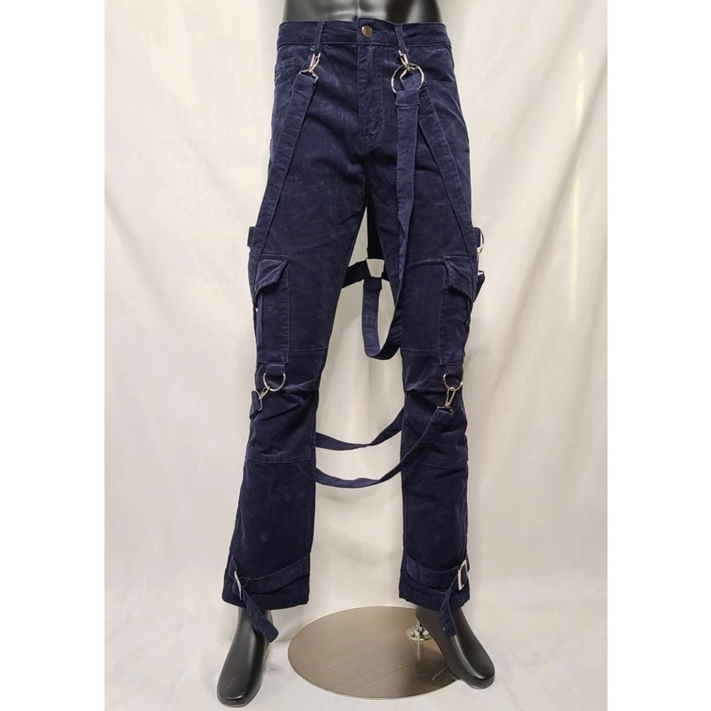 Free Agent Blue Corduroy Punk Bondage Pants Small Unisex Utility Cargo NWT